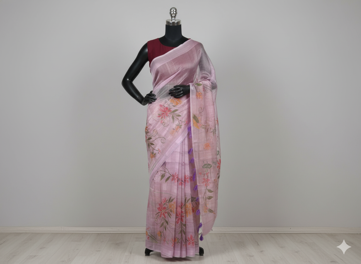 Enchanting Lilac Pink Linen Saree