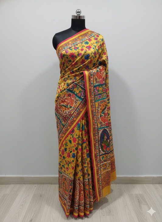 Vibrant Mustard Yellow Kalamkari Saree