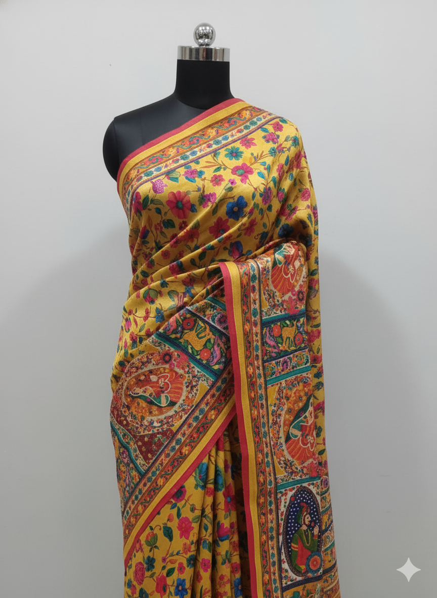 Vibrant Mustard Yellow Kalamkari Saree