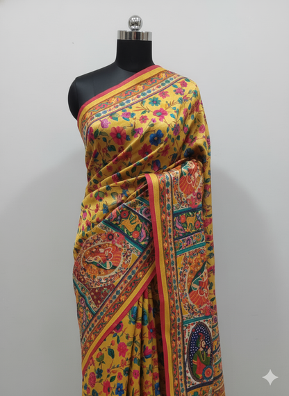 Vibrant Mustard Yellow Kalamkari Saree