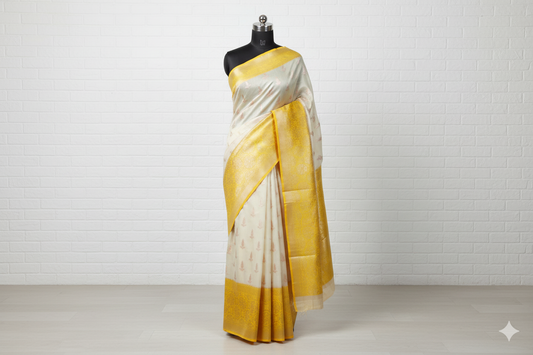 Ivory Silk Saree with Golden Yellow Zari Border