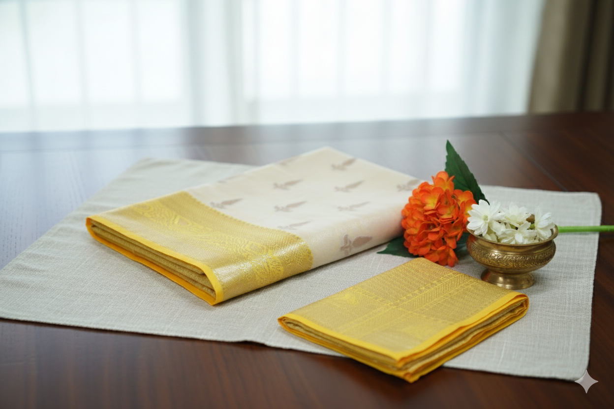 Ivory Silk Saree with Golden Yellow Zari Border