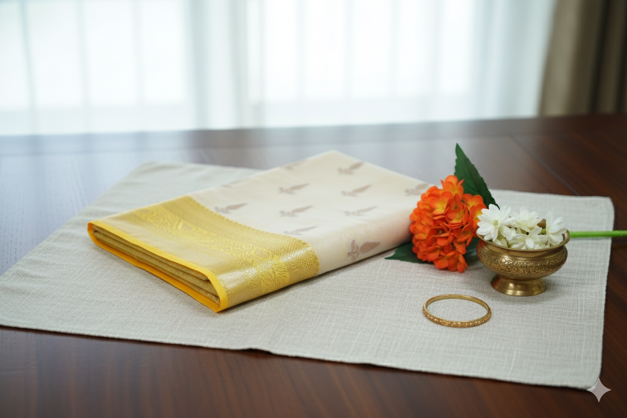 Ivory Silk Saree with Golden Yellow Zari Border