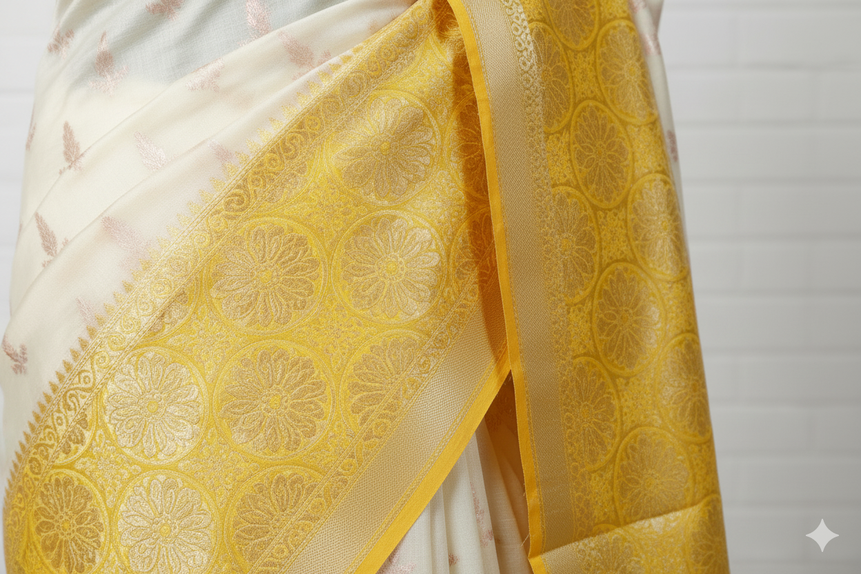Ivory Silk Saree with Golden Yellow Zari Border