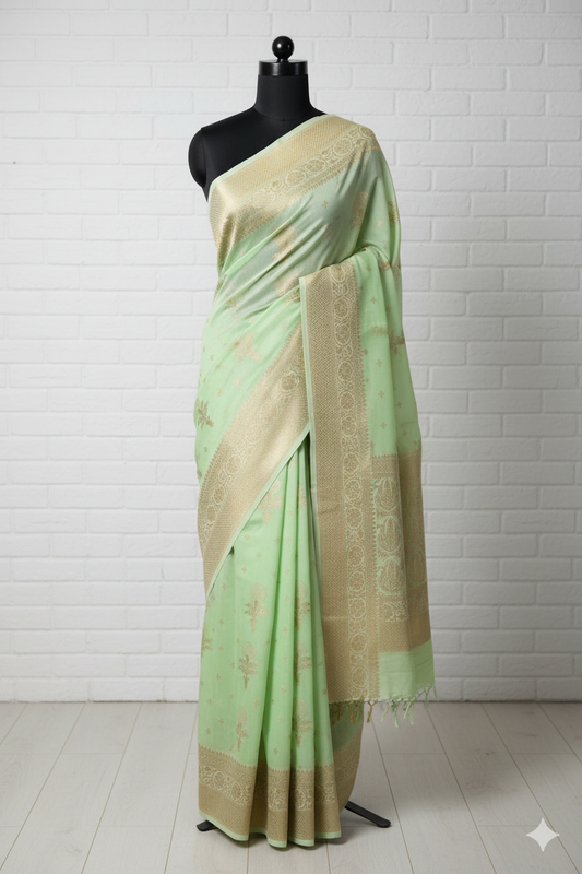 Elegant Mint Green Banarasi Silk Saree with Golden Zari Weaving