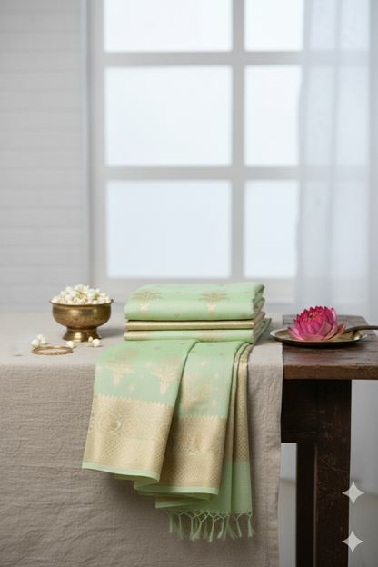 Elegant Mint Green Banarasi Silk Saree with Golden Zari Weaving