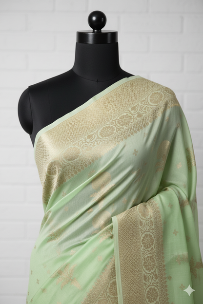 Elegant Mint Green Banarasi Silk Saree with Golden Zari Weaving