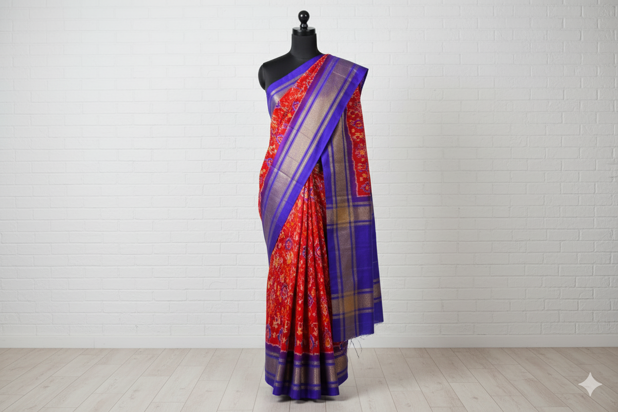 Traditional Red & Royal Blue Silk Saree with Golden Zari Border