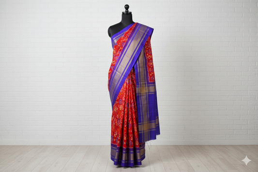 Traditional Red & Royal Blue Silk Saree with Golden Zari Border