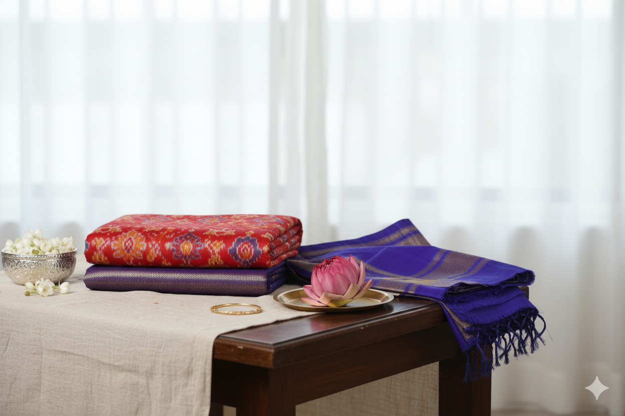 Traditional Red & Royal Blue Silk Saree with Golden Zari Border