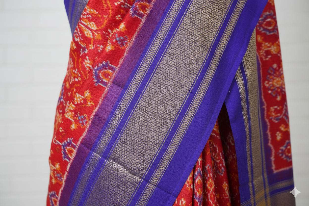 Traditional Red & Royal Blue Silk Saree with Golden Zari Border