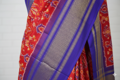 Traditional Red & Royal Blue Silk Saree with Golden Zari Border
