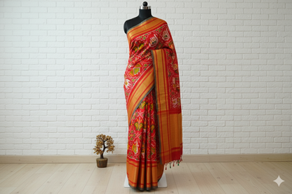 Vibrant Red & Mustard Ikat Silk Saree with Golden Zari Border