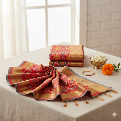 Vibrant Red & Mustard Ikat Silk Saree with Golden Zari Border