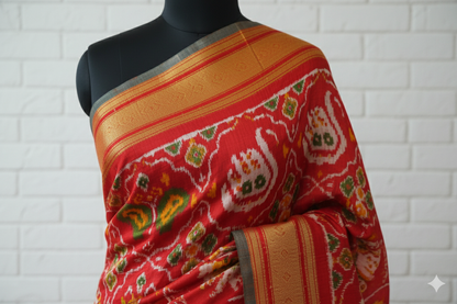 Vibrant Red & Mustard Ikat Silk Saree with Golden Zari Border