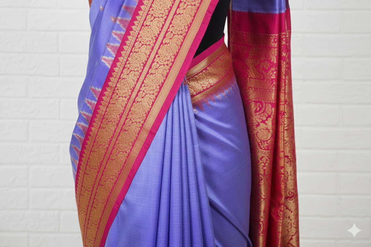 Royal Blue & Pink Kanjivaram Silk Saree with Golden Zari Work