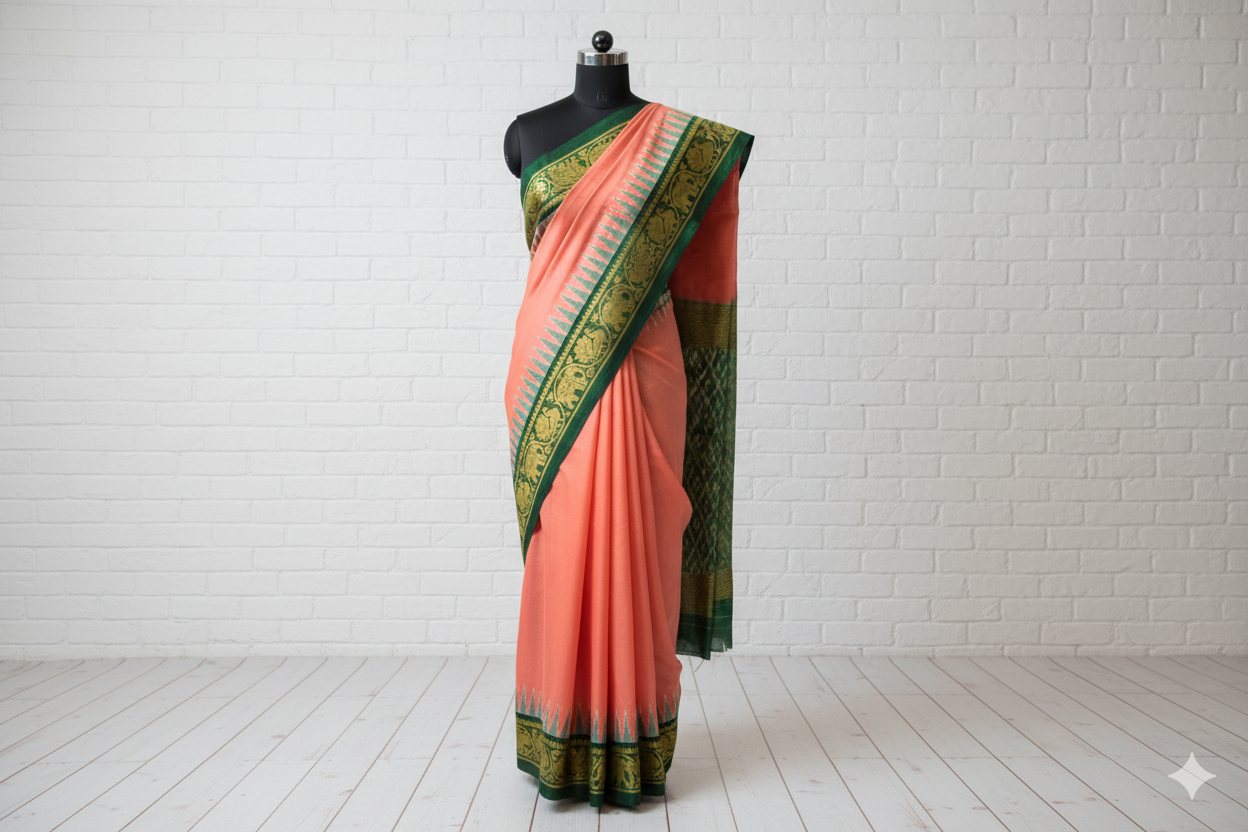 Peach & Green Kanjivaram Silk Saree with Traditional Zari Elephant Motifs