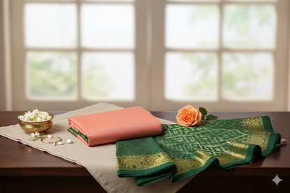 Peach & Green Kanjivaram Silk Saree with Traditional Zari Elephant Motifs