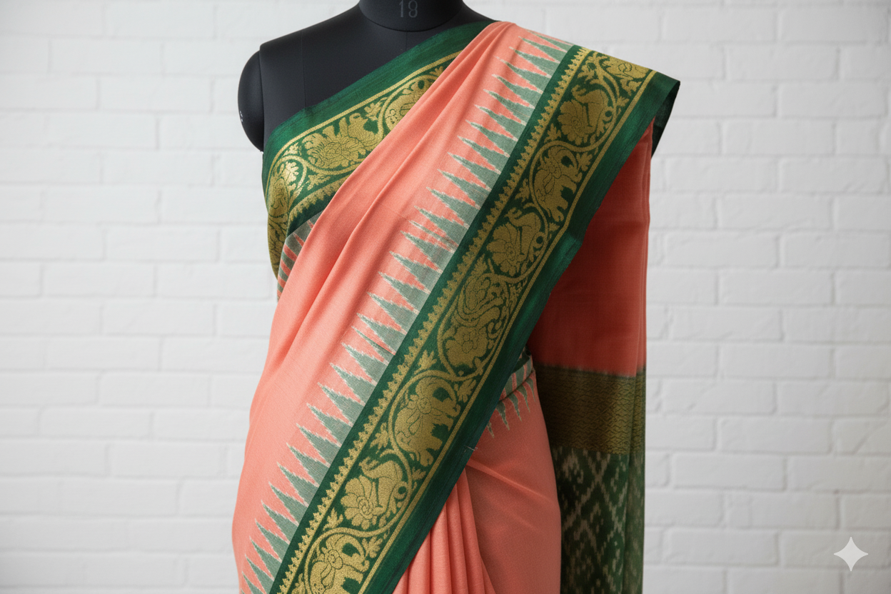 Peach & Green Kanjivaram Silk Saree with Traditional Zari Elephant Motifs