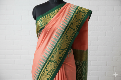 Peach & Green Kanjivaram Silk Saree with Traditional Zari Elephant Motifs