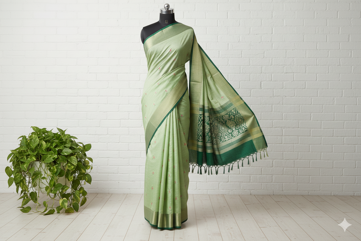 Pastel Green Handloom Silk Saree with Green Zari Border & Pallu