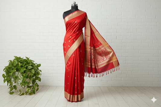 Classic Red Handloom Silk Saree with Golden Zari Border & Pallu