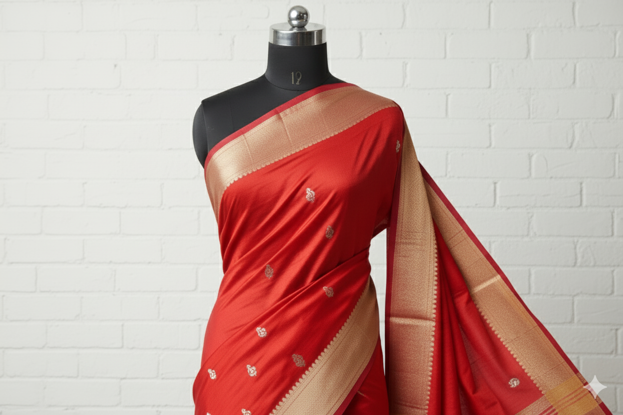 Classic Red Handloom Silk Saree with Golden Zari Border & Pallu