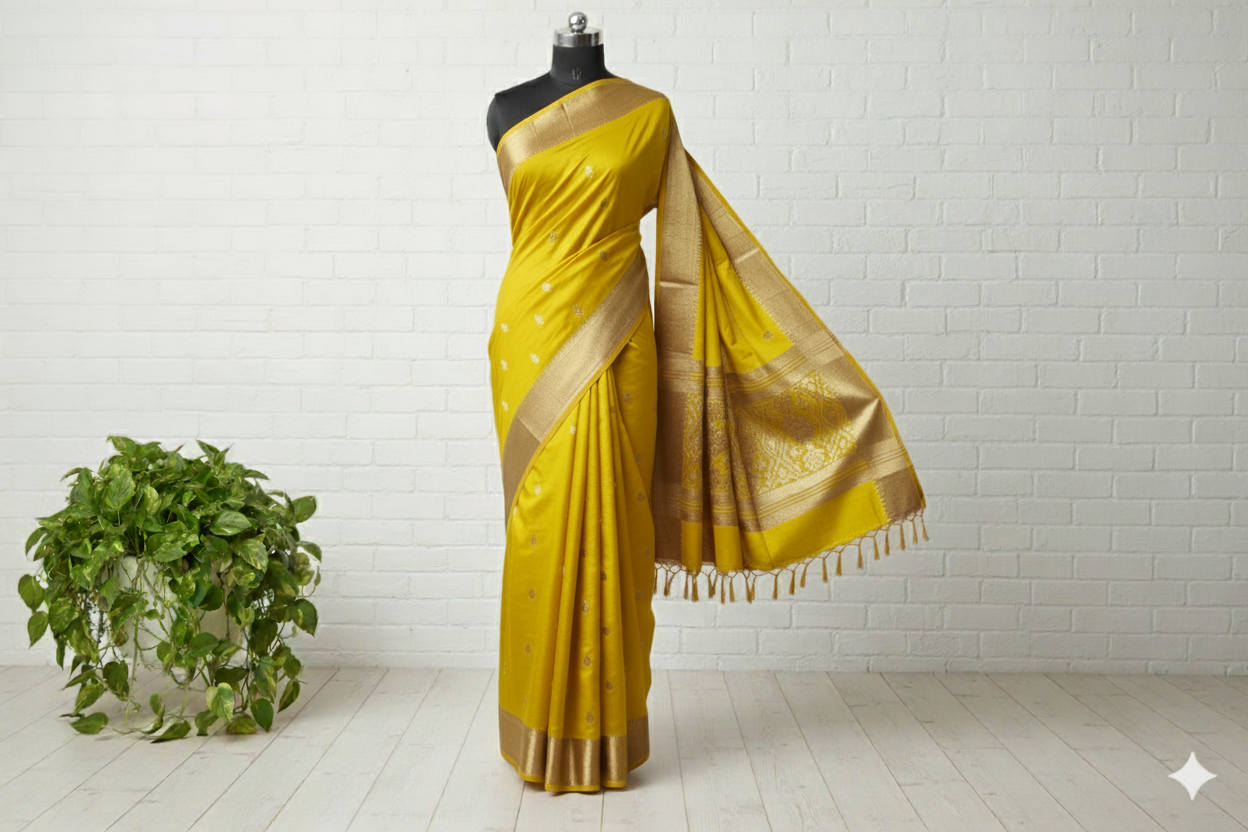 Golden Yellow Handloom Silk Saree with Broad Zari Border & Pallu