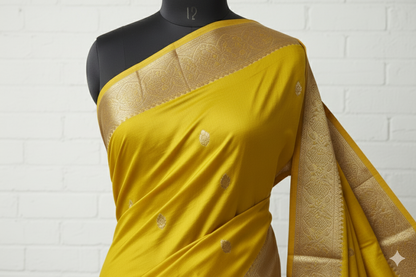 Golden Yellow Handloom Silk Saree with Broad Zari Border & Pallu