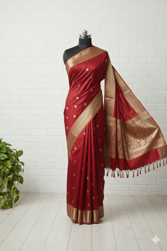 Elegant Red Handloom Silk Saree with Golden Zari Border & Buttas