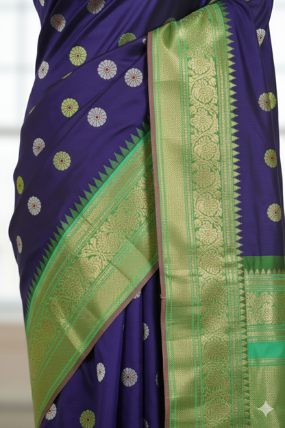 Royal Blue Kanchipuram Silk Saree with Green Zari Border