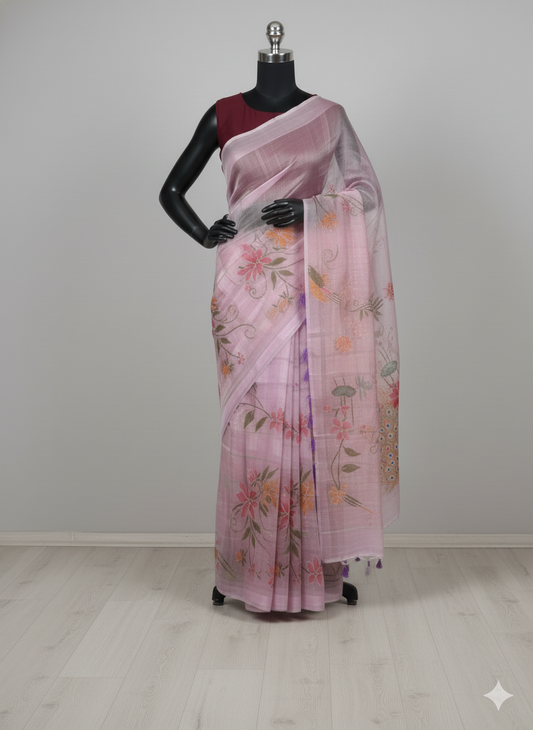 Charming Lilac Pink Linen Saree