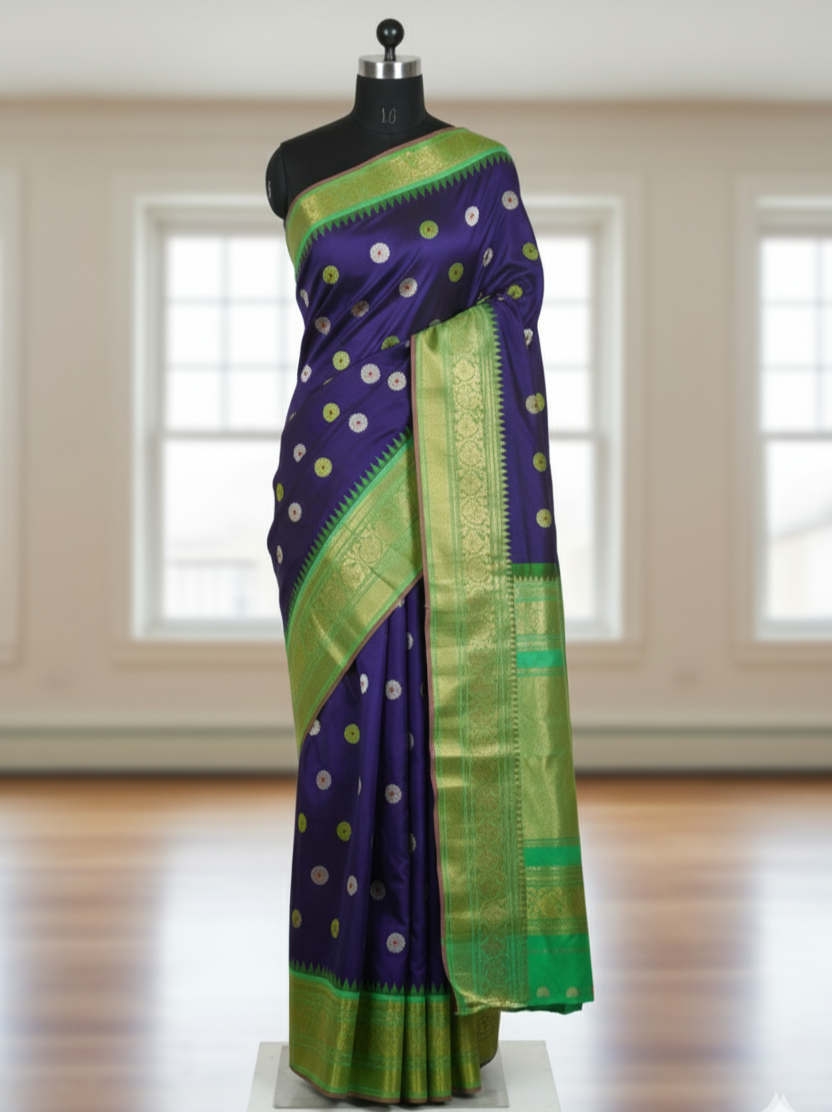 Royal Blue Kanchipuram Silk Saree with Green Zari Border