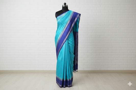 Sky Blue Handloom Silk Saree with Royal Blue Zari Border & Pallu