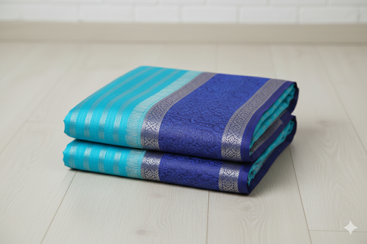 Sky Blue Handloom Silk Saree with Royal Blue Zari Border & Pallu