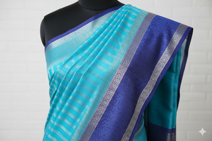Sky Blue Handloom Silk Saree with Royal Blue Zari Border & Pallu