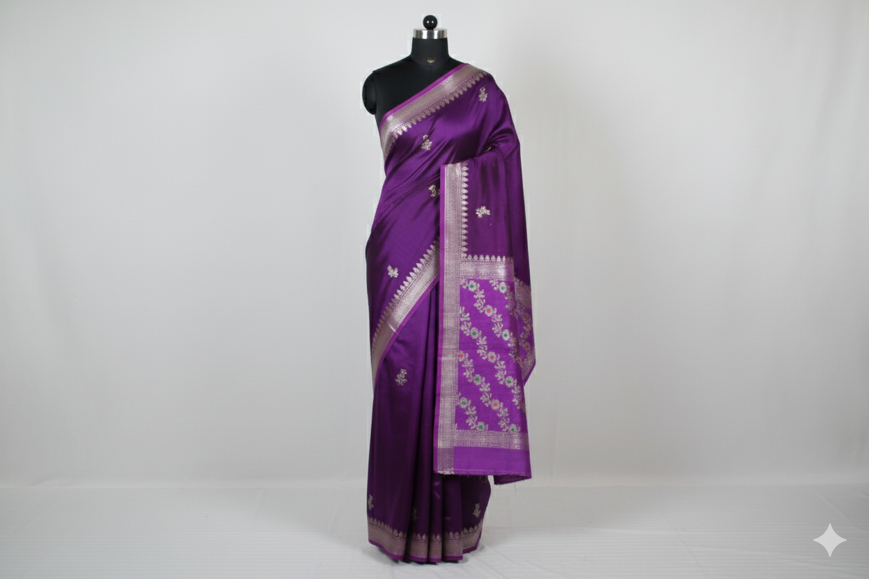 Regal Purple Silk Saree with Intricate Silver Zari Work