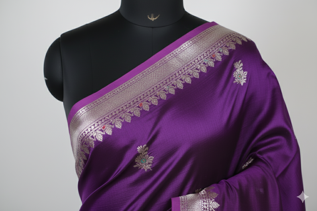 Regal Purple Silk Saree with Intricate Silver Zari Work