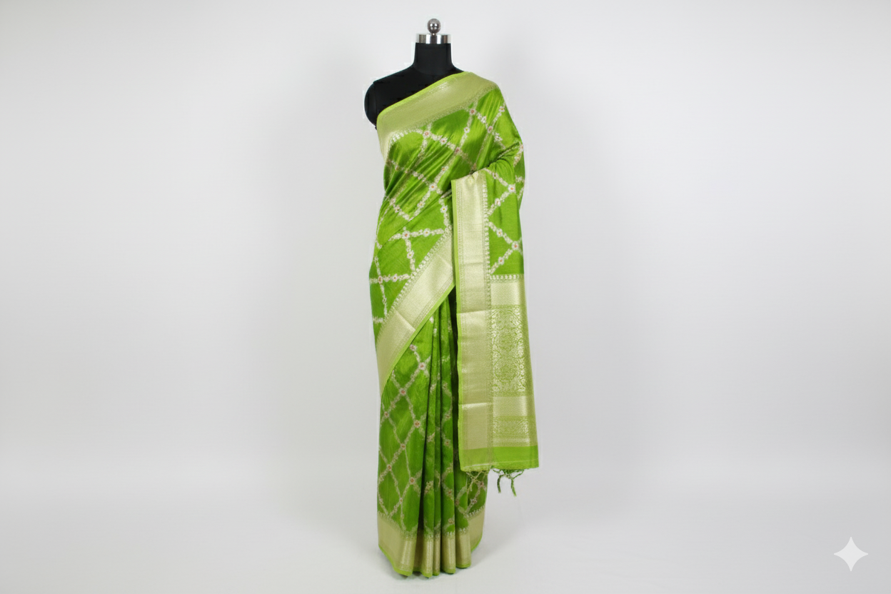 Vibrant Lime Green Silk Saree with Geometric Gold Zari Grid