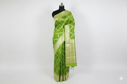 Vibrant Lime Green Silk Saree with Geometric Gold Zari Grid