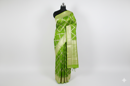 Vibrant Lime Green Silk Saree with Geometric Gold Zari Grid