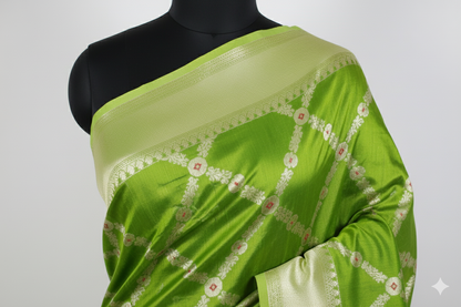 Vibrant Lime Green Silk Saree with Geometric Gold Zari Grid
