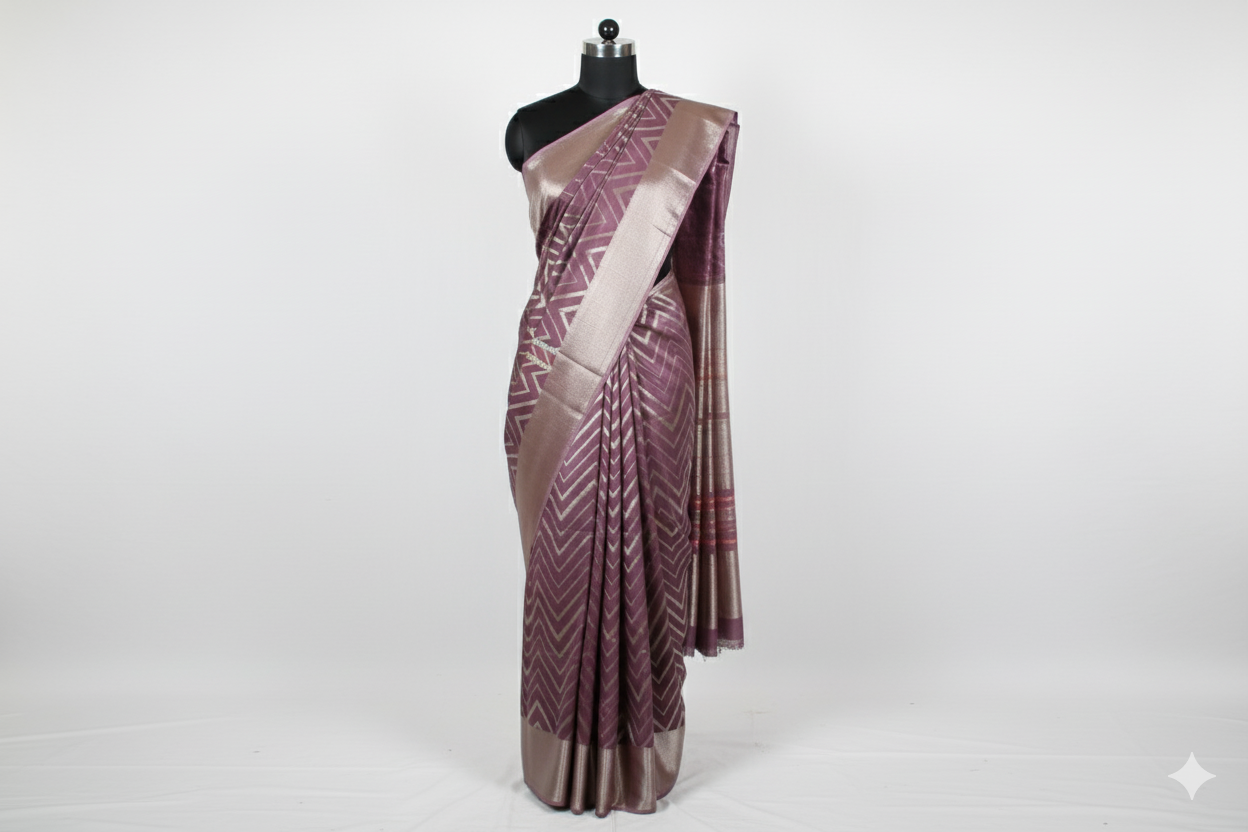 Chic Dusky Rose Silk Blend Saree with Modern Chevron Weave
