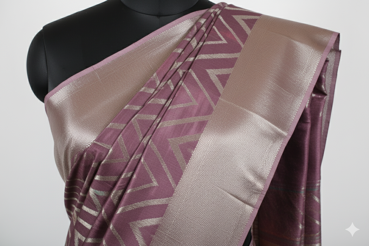 Chic Dusky Rose Silk Blend Saree with Modern Chevron Weave