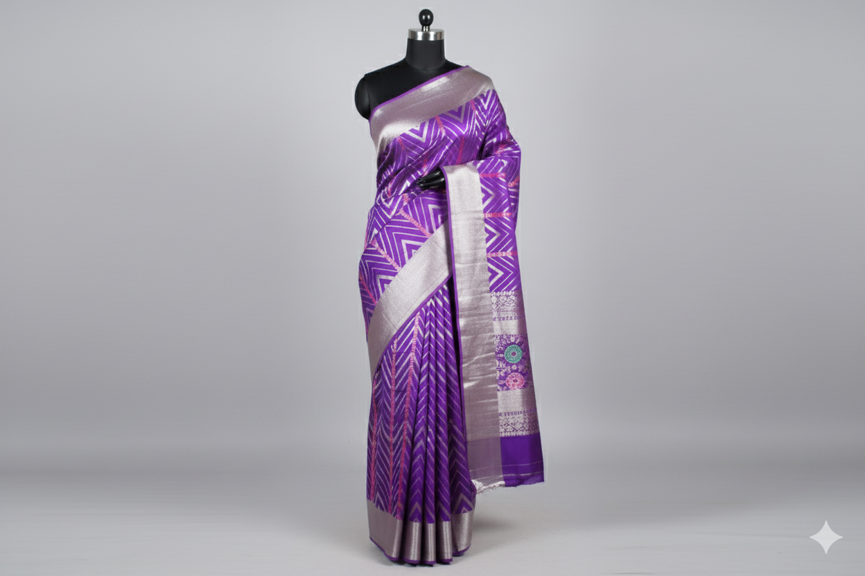 Vibrant Purple Silk Saree with Geometric Ikat-Style Weave and Silver Zari
