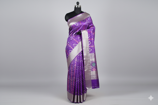 Vibrant Purple Silk Saree with Geometric Ikat-Style Weave and Silver Zari