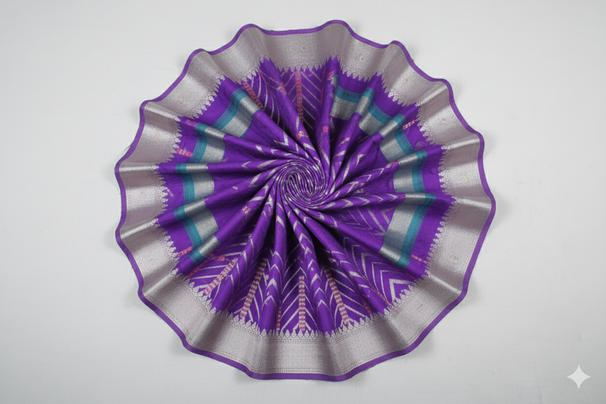 Vibrant Purple Silk Saree with Geometric Ikat-Style Weave and Silver Zari