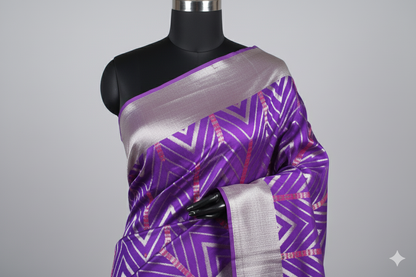 Vibrant Purple Silk Saree with Geometric Ikat-Style Weave and Silver Zari