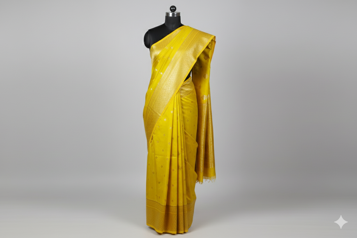 Radiant Mustard Yellow Silk Saree with All-Over Gold Zari Motifs
