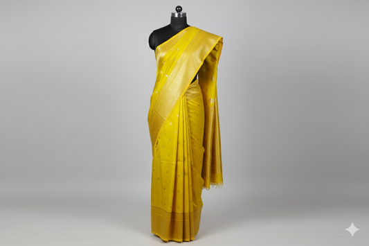 Radiant Mustard Yellow Silk Saree with All-Over Gold Zari Motifs